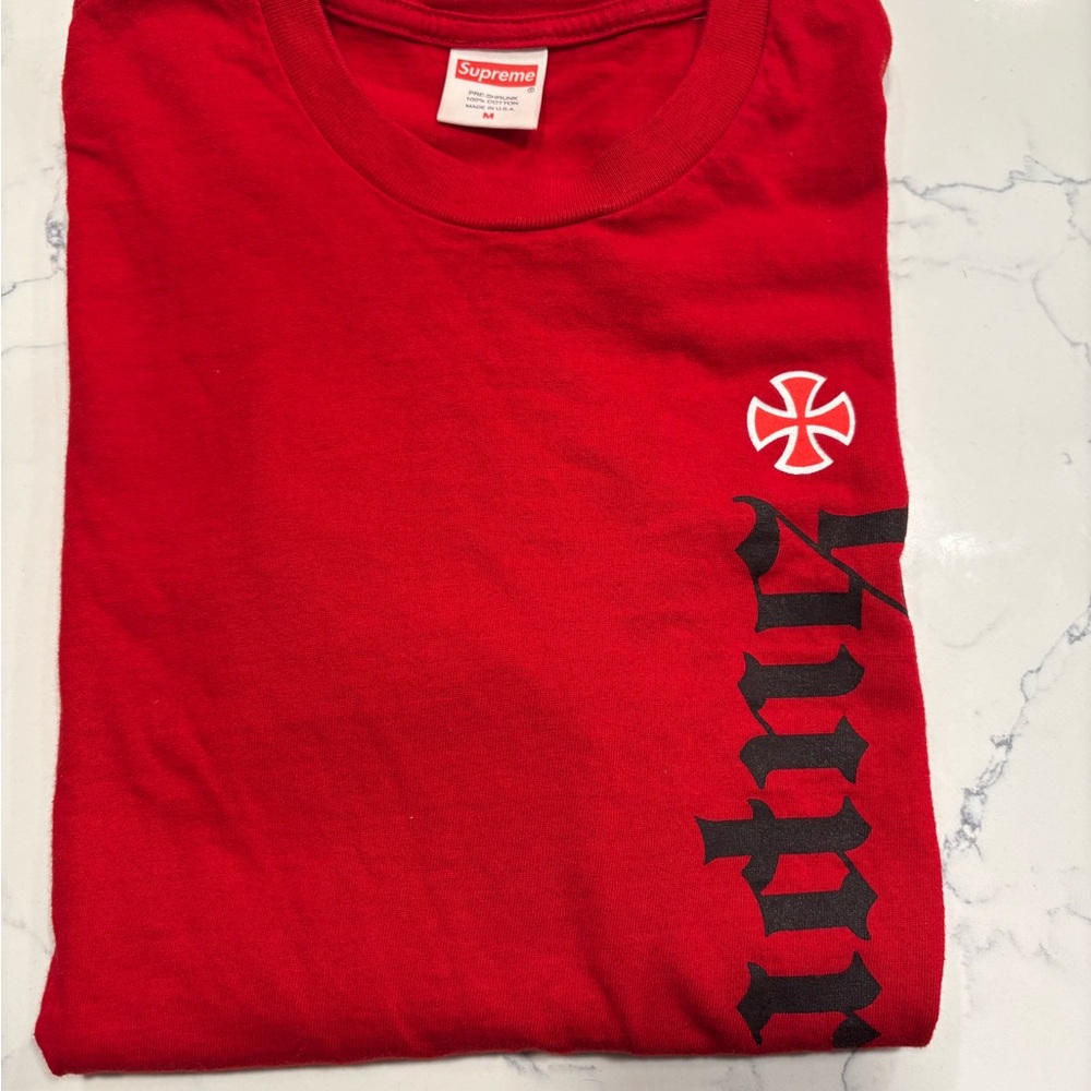 Supreme Independent Old English Red Short Sleeve Tee, with Black Graphics
